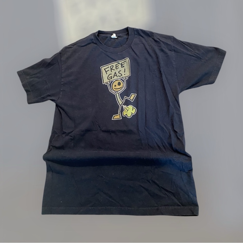 Vintage Free Gas Humor Funny Shirt Navy Blue Spell Out Size Large